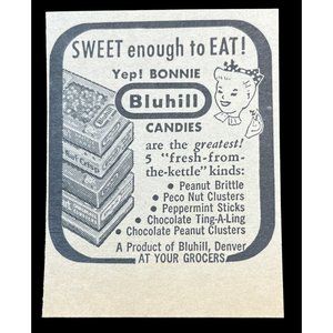 Bluhill Candies Vintage Print Ad 1954 Denver Colorado Candy Confections